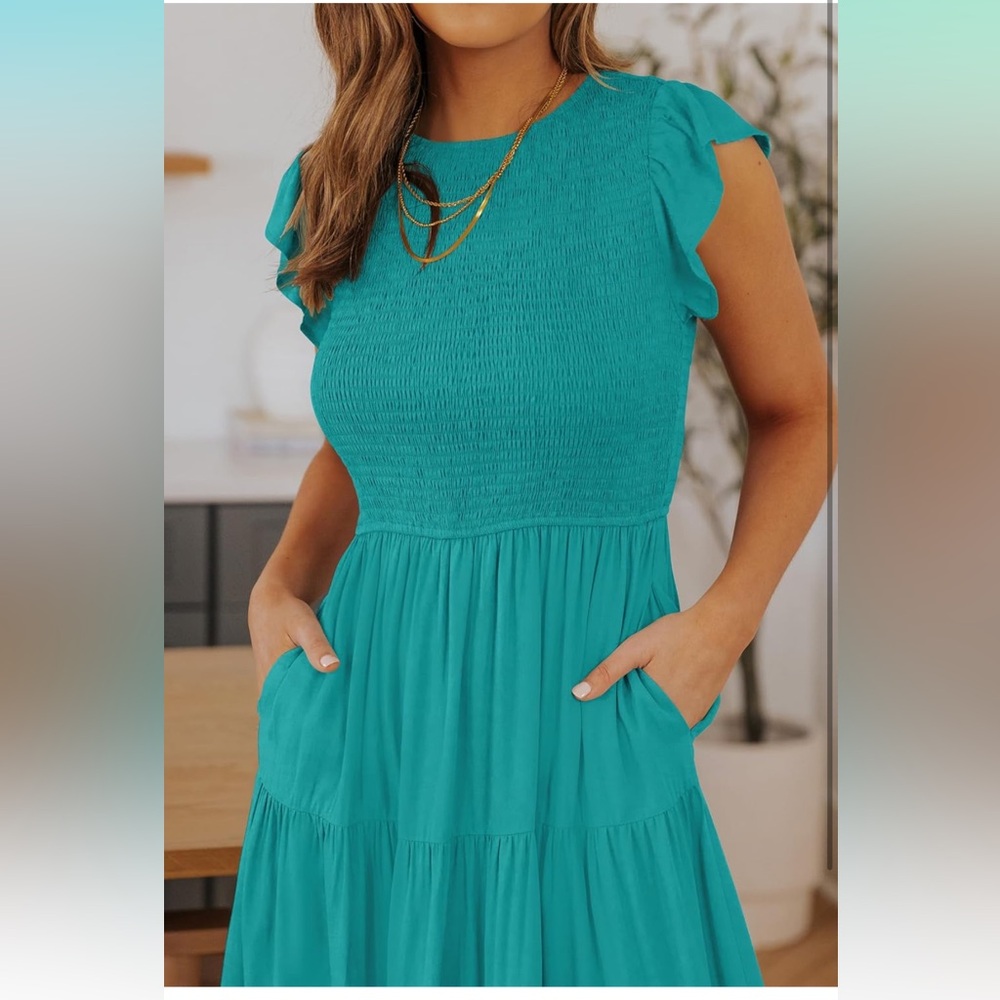 NEW • Flutter Sleeve Smocked Waist Midi Dress • Women’s Medium in Color Peacock🍉 - Picture 12 of 15